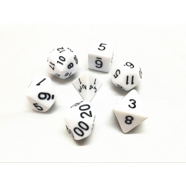 White Opaque 7pc Dice Set inked in Black